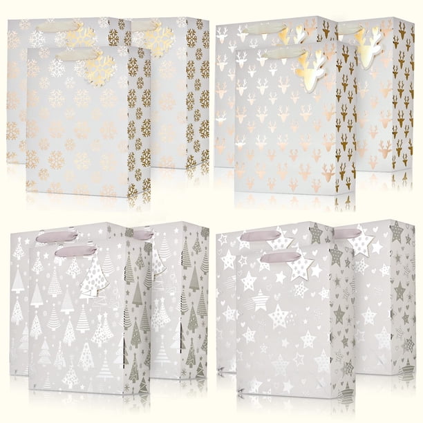 UNIQOOO - 12 bolsas de regalo de Navidad metálicas doradas y plateadas a granel con etiquetas, grandes de 12.5 x 10 pulgadas, bolsas de regalo de Navidad surtidas, copos de niev UNIQOOO NA
