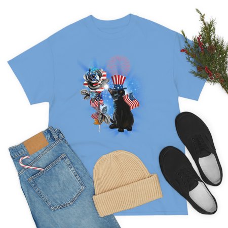Familyloveshop LLC Black Cat and Rose American Flag Shirt, 4th of July Cat Shirt, Independence Day Patriotic Men Women shirt