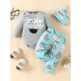 thumbnail image 2 of HWJAD Boobie Monster Outfits for Newborn Baby Boy Casual Letter Romper+ Pants+Hat 3PCS Clothes Set, 2 of 8