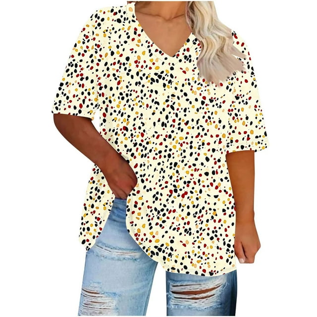 Hauts d'Été Grande Taille pour Femmes Rondes Manches Courtes T-Shirt Décontracté Mignon Ample Tendance pour Sortir T-Shirts Multicolores, TG