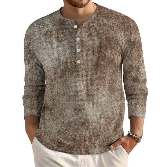 Domuza Mens Waffle Henley Shirts Long Sleeve Casual Fashion Button Up T-Shirts Fall Lightweight Relaxed Fit Raglan Tie Dye Blouse Brown 2XL