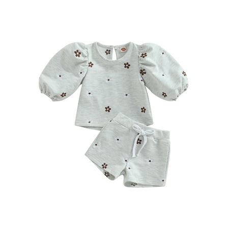 

Baby Girls Shorts Set Flower Print Puff Sleeve T-shirt with Shorts Summer 2-piece Outfit
