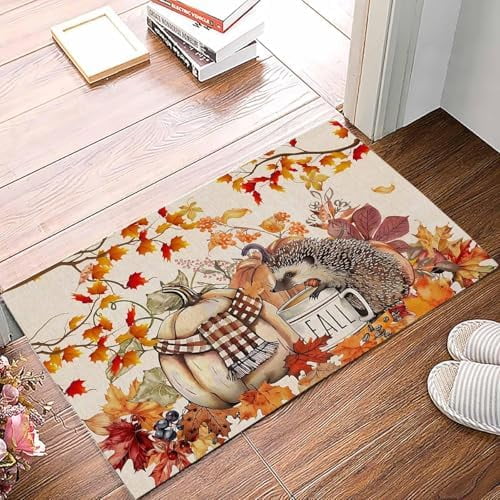 Doormat Indoor Home Decor Door Mat Fall Pumpkin Hedgehog Floor Rugs for Kitchen Bathroom Thanksgiving Maple Leaf Rustic Funny Welcome Mat 16x24 Inch.
