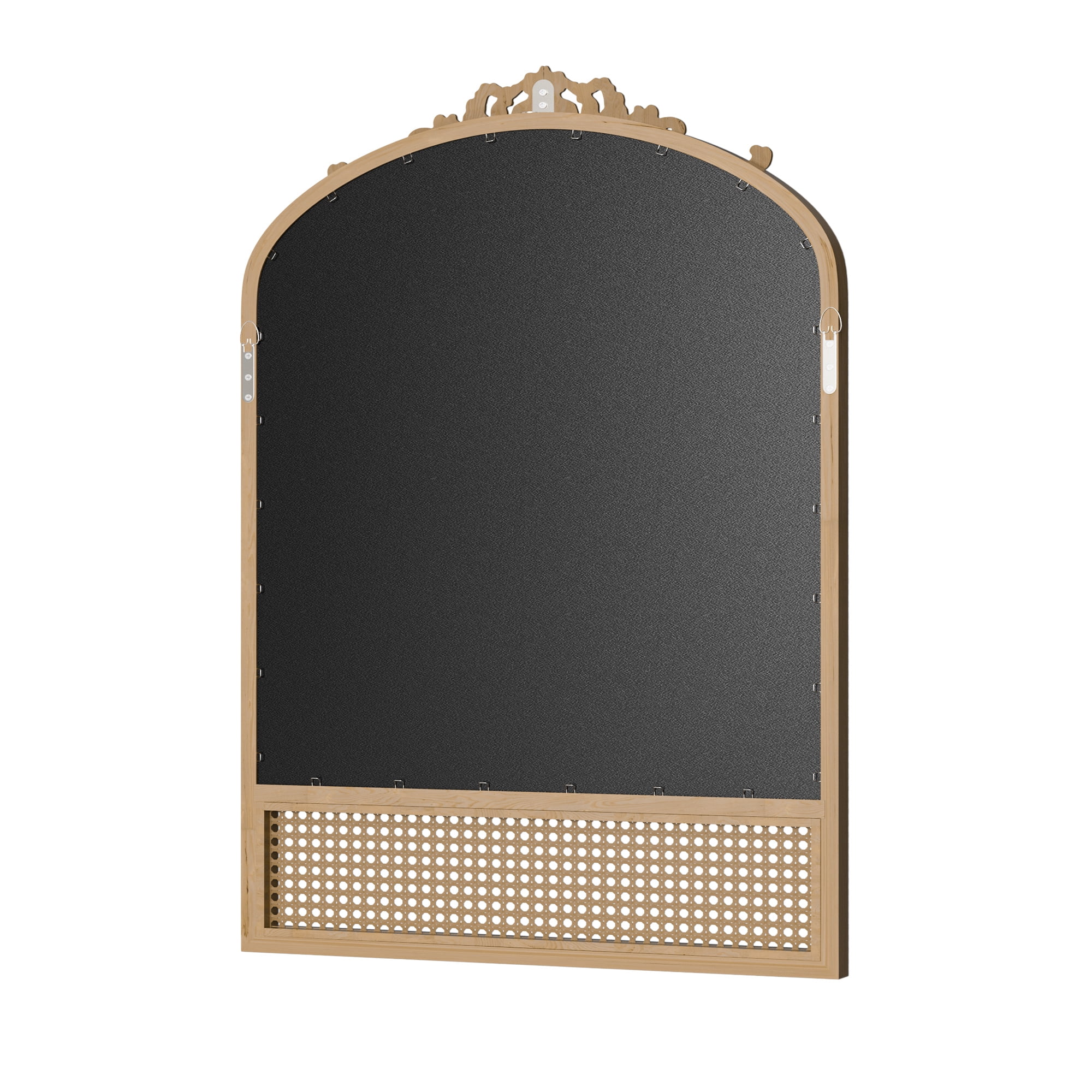 36"x24" Wood Rattan Wall Mirror Carved Arched Mirror,Natural