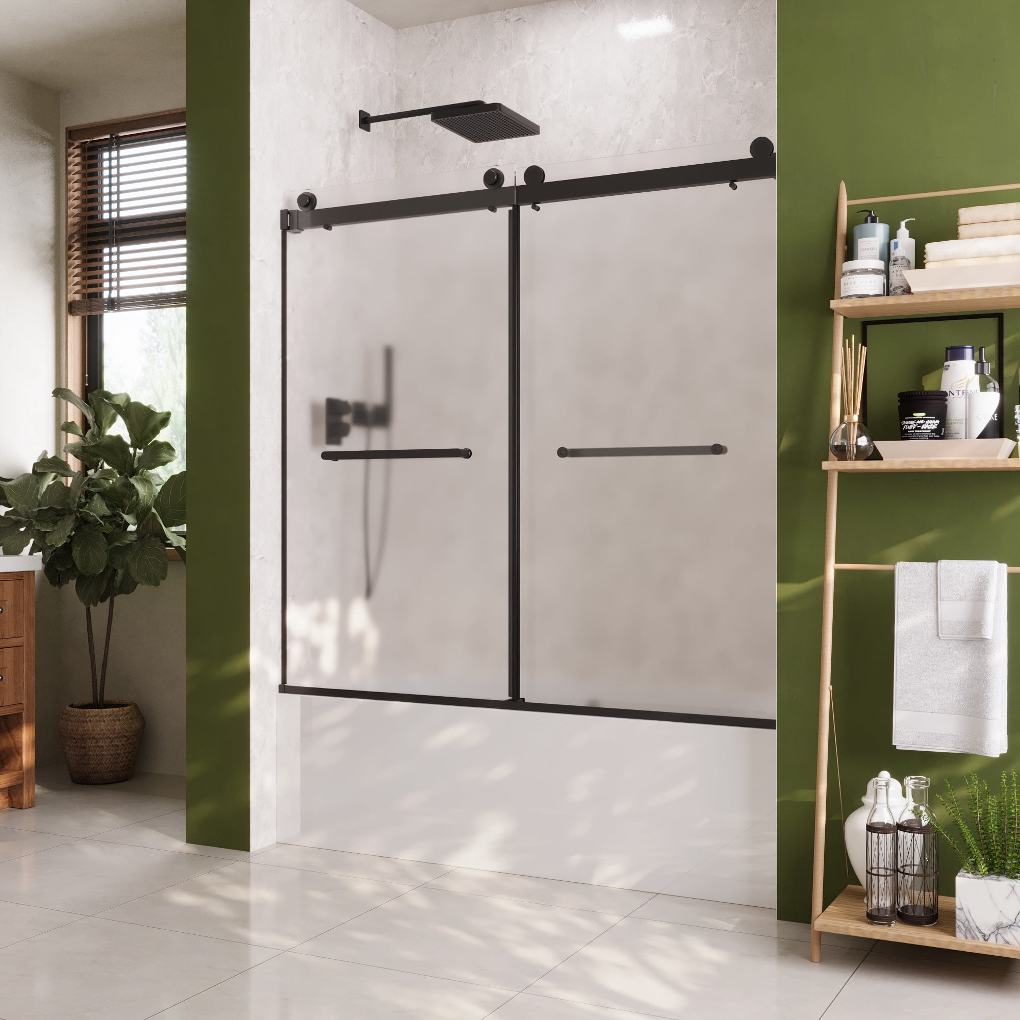 57-59 in. W x 59 in. H Double Sliding Frameless Bathtub Door in Matte Black with 3/8 in. (10 mm) Frosted Glass