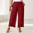 thumbnail image 2 of Thousandth Women's Cotton Linen Pants Casual Summer Elastic Waist Wide Leg Loose Fit Palazzo Pants Cropped Trousers with Button Decor and Slit Hem Daily Wear, 2 of 7