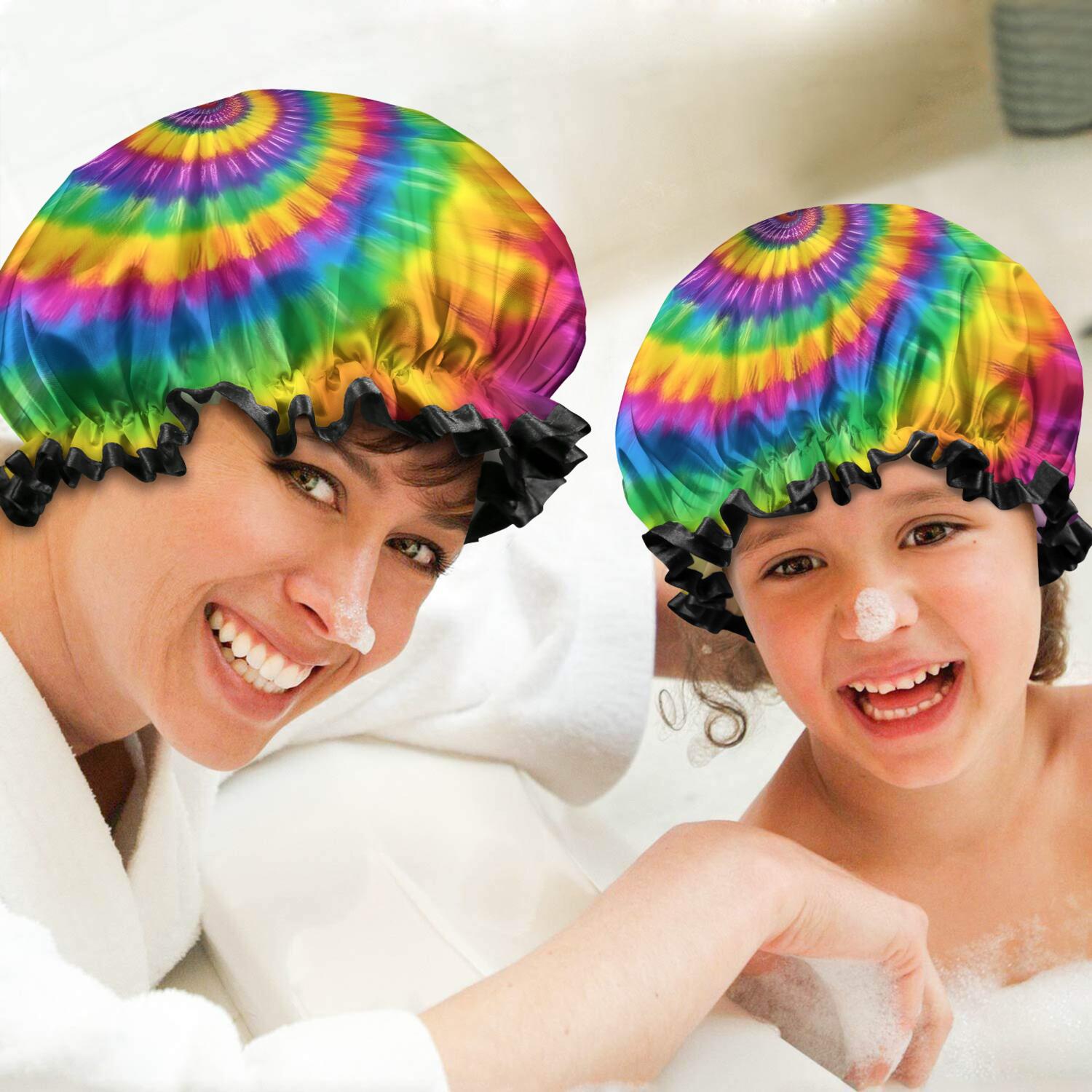 Shower Caps,Rainbow Tie Dye Mandala Pattern Waterproof Shower Cap for Women 4 Pieces,Double Reusable Hair Cover for Shower PEVA Elastic Stretch Hem