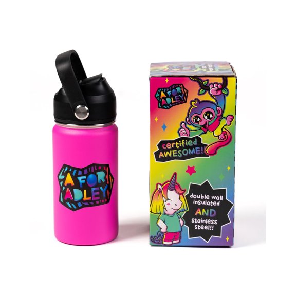 A for Adley's Colorful Neon Pink Rainbow Water Bottle For Fun, School, Travel or Anytime You Would Want a Cold Drink
