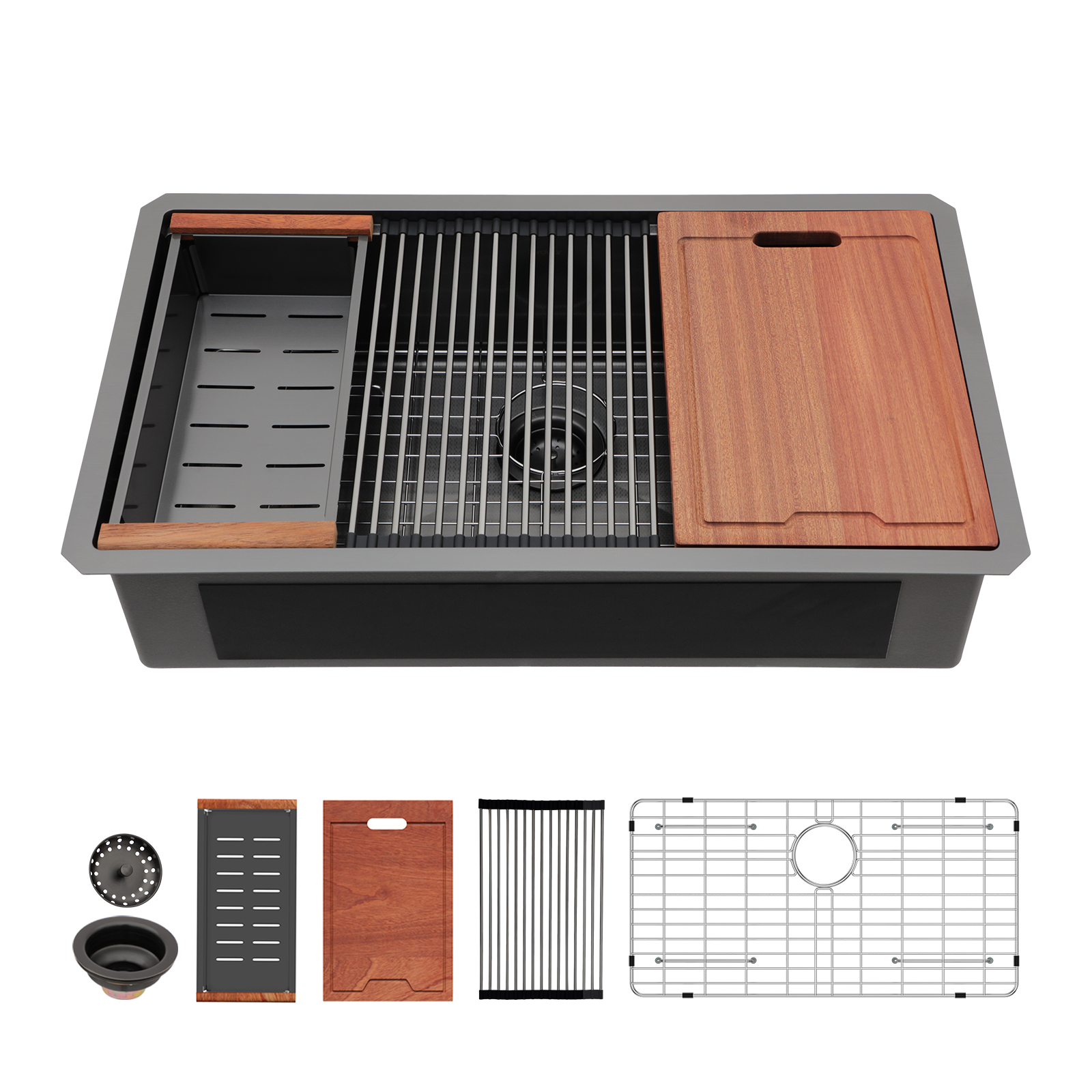 Logmey 33x22 Inch Undermount Workstation Sink Matte Black Stainless Steel Kitchen Sink with Drain Assembly, Honeycomb Mesh Embossing