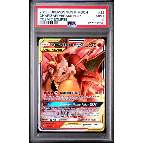 2019 Pokemon Sun and Moon Cosmic Eclipse Braixen Gx/Charizard #22 PSA 9