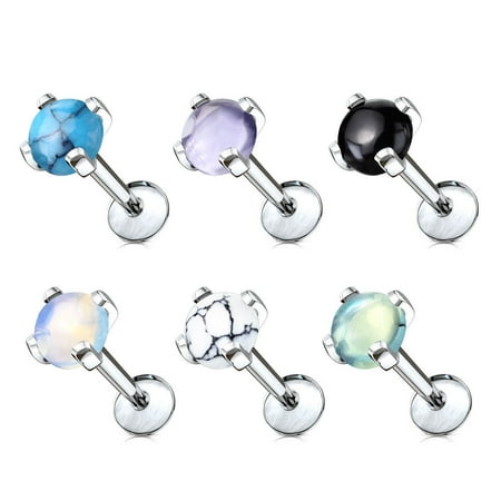 - Semi Precious Stone Prong Set Internally Threaded Labret, Monroe, Cartilage Stud Ring 16ga