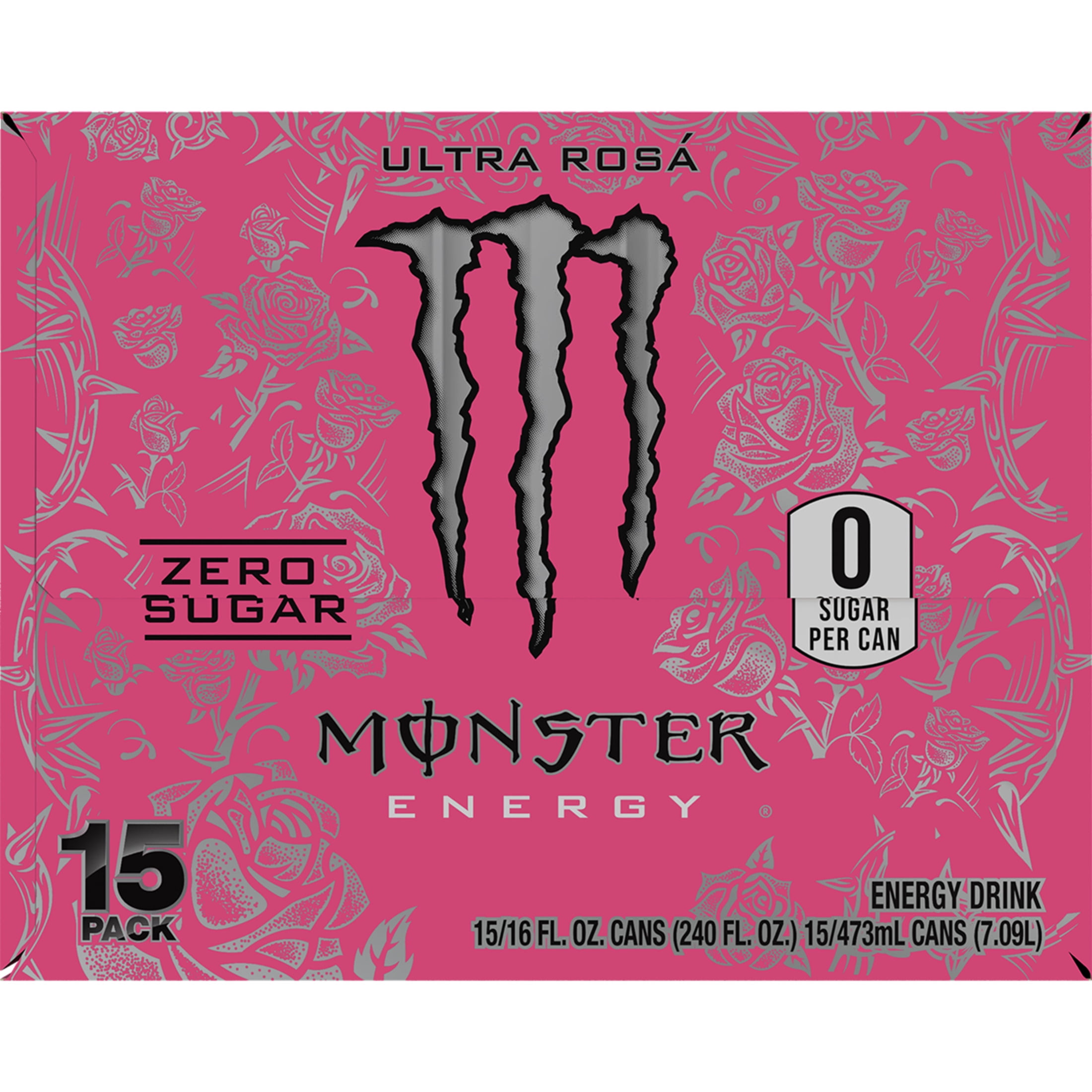 Monster Energy Ultra Rosa Energy Drink, Zero Sugar, 15-Pack, 16 Oz Cans