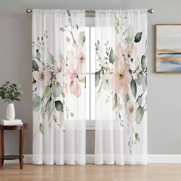 Floral Eucalyptus Leaves Sheer Curtains 72 Inch Length 2 Panels Set, Spring Summer Botanical Voile Window Treatment Rod Pocket Curtains Sheers Drapes for Bedroom/Living Room/Kitchen 52"x72"x2