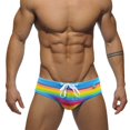 thumbnail image 2 of Men Drawstring Rainbow Stripe Printed Fitted Beach Swim Briefs Male Beachwear Classic Swimwear Bottoms, 2 of 9