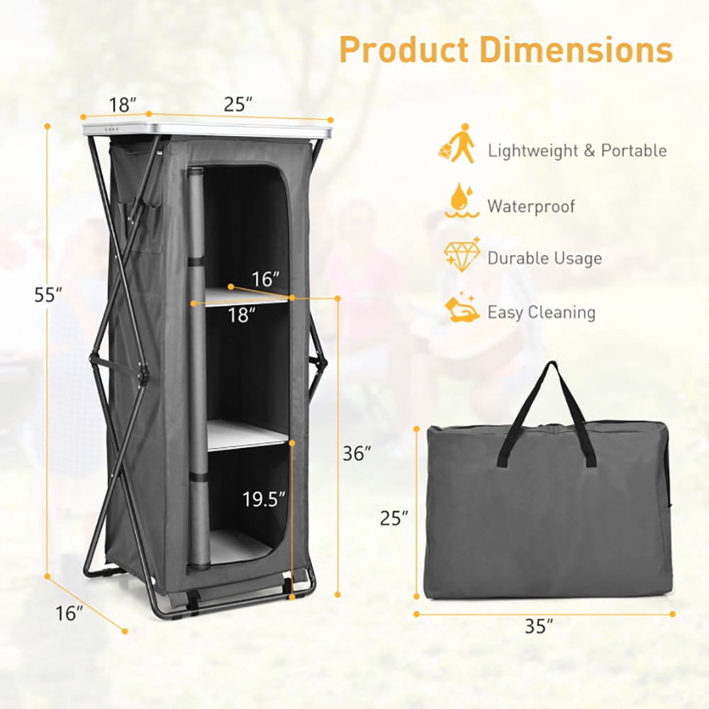 Aimee Lii Folding Camping Storage Cabinet with 3 Shelves and Carry Bag, Easy Set Up Portable Camping Kitchen, Gray-XL