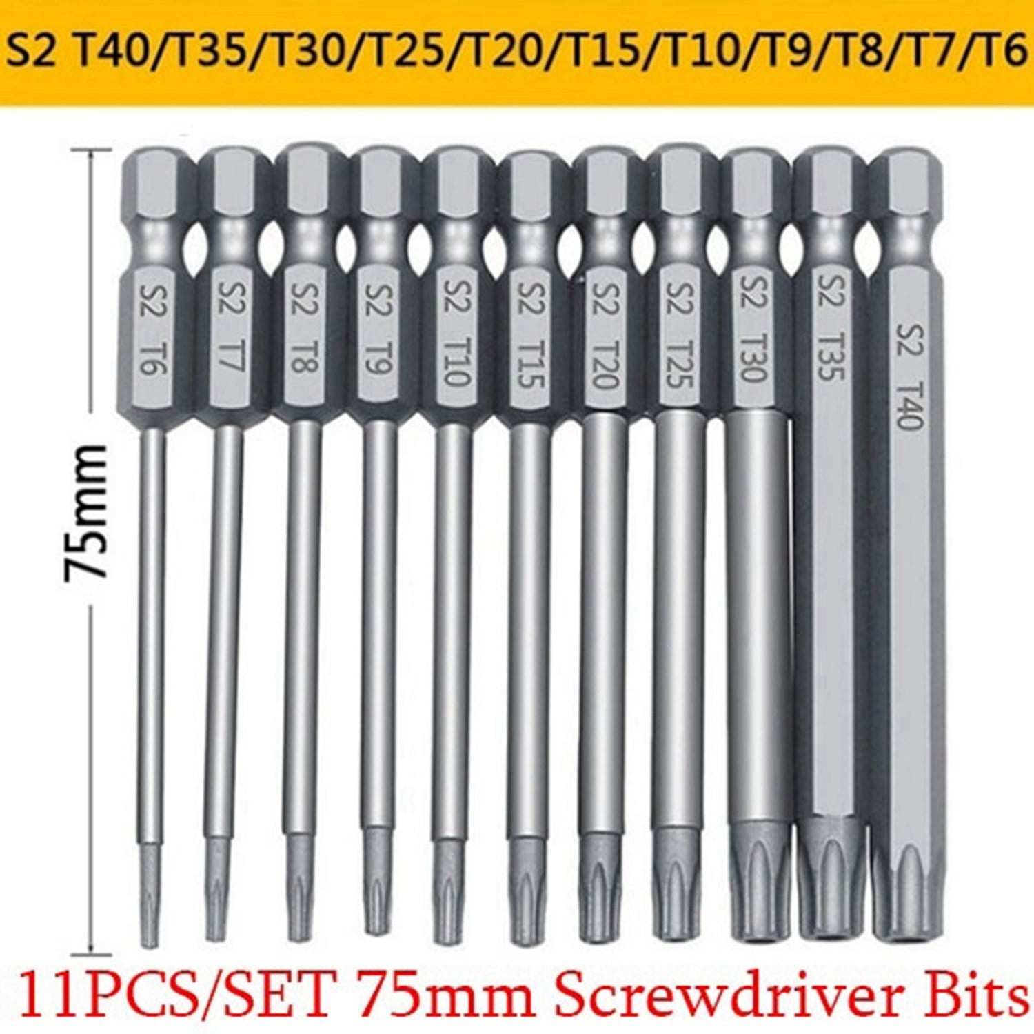 Color : Silver CHENJIAO Wrench 12PCS/Set 1/4 Inch Hex Shank and L Shaped Wrench Set T6-T40 Length S2 Steel Torx Head Screwdriver Drill Set Bits 