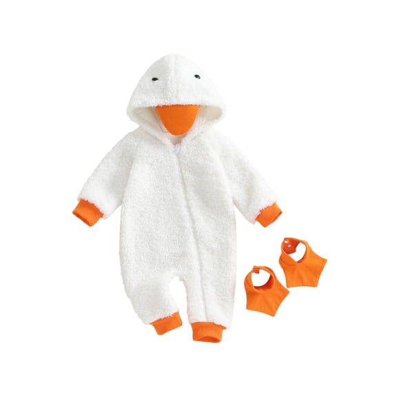 RUINIXCW Toddler Newborn Baby Christmas Goose Costume Kids Halloween Animal Costume Warm Fall Winter Plush Jumpsuit Outfit Long Sleeve Hood Zip Up Full Length Romper with Foot Covers