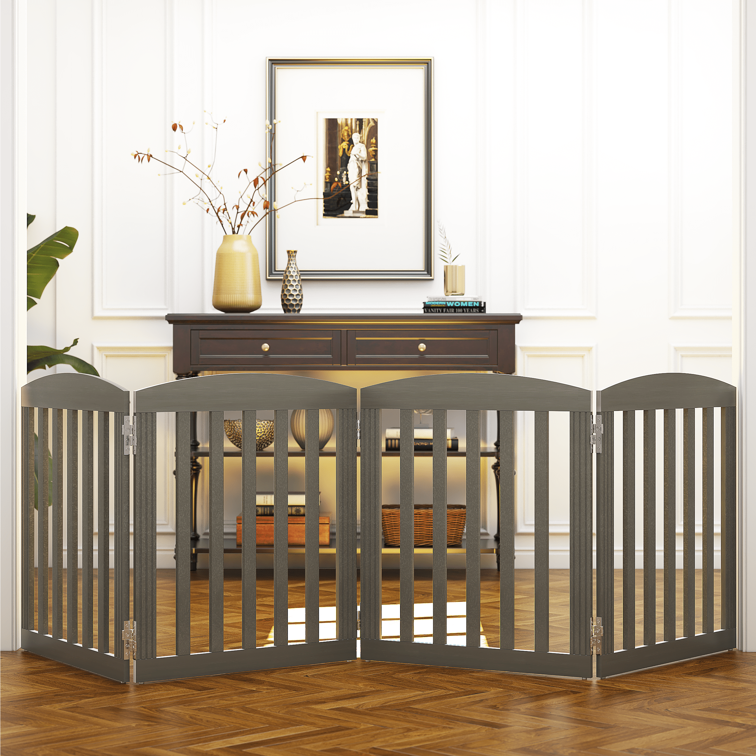 STAROUS 96" Extra Wide 28" Tall Foldable Dog Gates, Wooden Freestanding Pet Gate Indoor, Step Over Puppy Fence, 4 Panels, Grey