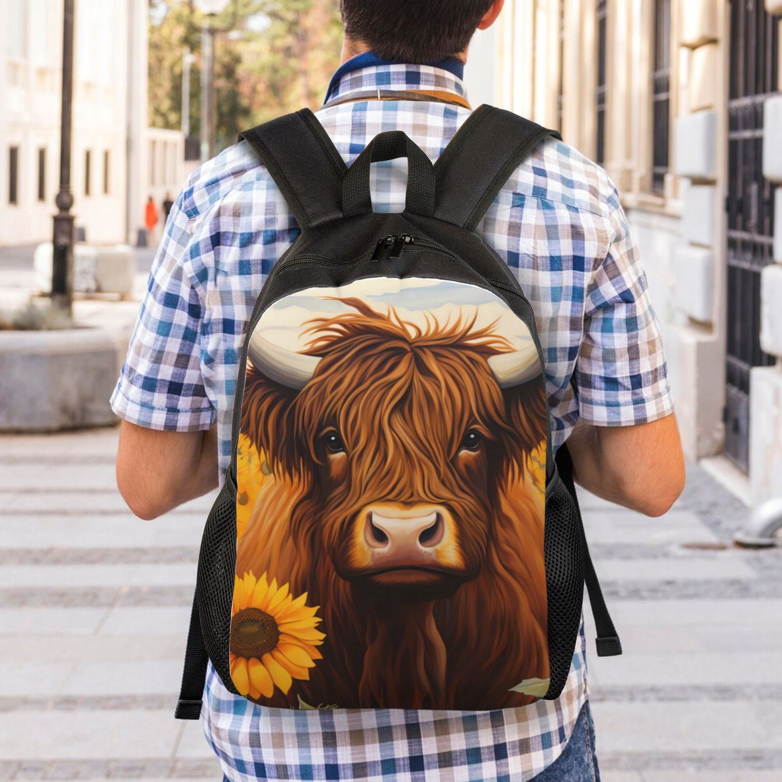 Xecao Countryside Sunflower Cow Print School Backpack with Laptop Compartment Small Travel Laptop Backpack for Women Men Waterproof College Backpack Simple School Bag