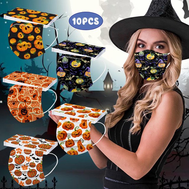 Máscara desechable de Halloween para adultos de 3 capas con patrón de fantasma de calabaza, 50 máscaras faciales festivas para hombres y mujeres con línea de nariz