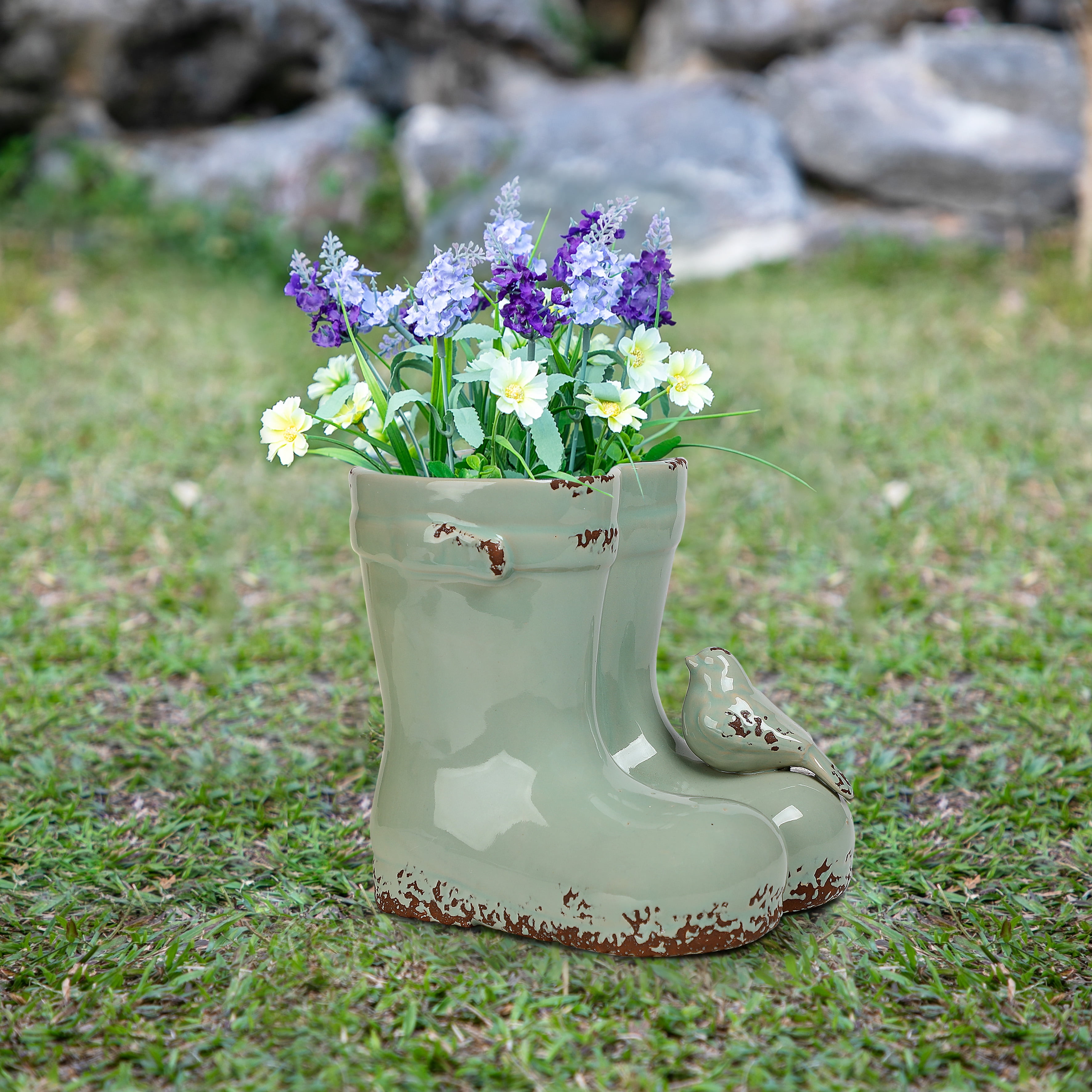 Way To Celebrate Spring Ceramic Rain Boot Planter Soft Green Walmart Com Walmart Com