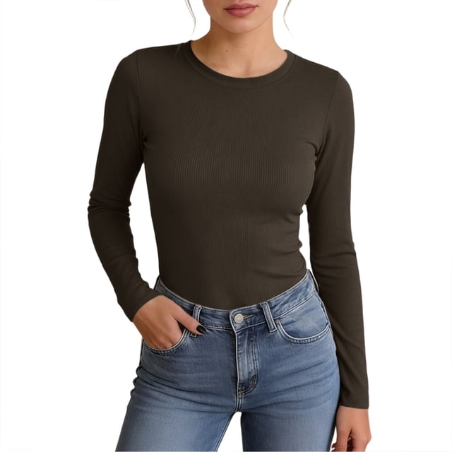 Fgnfyis T-Shirts à Manches Longues pour Femmes, Col Ras du Cou Extensible, T-Shirt Côtelé Ajusté, T-Shirts Basiques Décontractés pour Femmes, Bleu Marine, TP