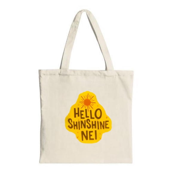 Cheerful Canvas Tote Bag with Sun Illustration & " HELLO SHINSHINE NEI " - Perfect for Shopping Travel & Parties