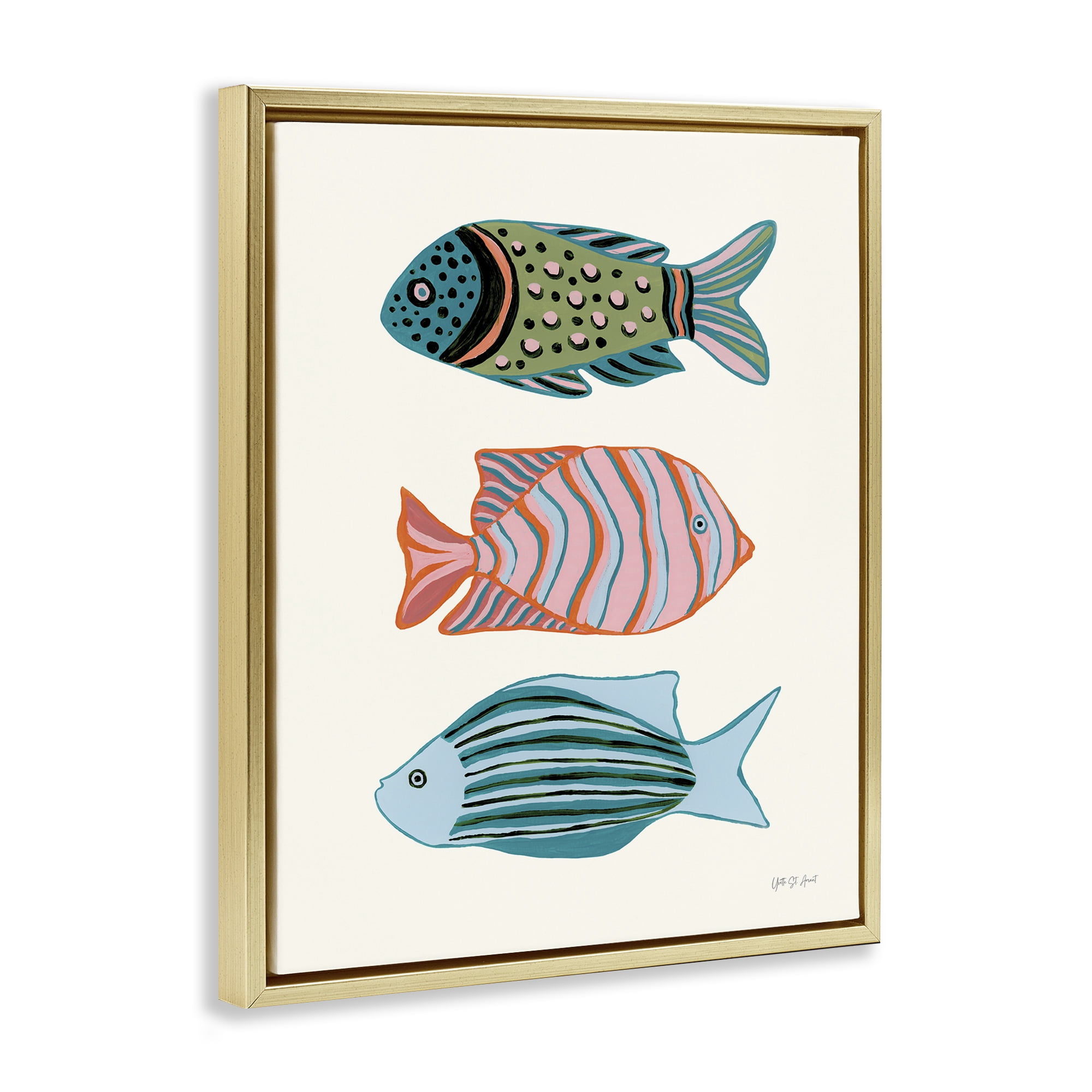 Stupell Industries Bright Tropical Fish Nautical & Beach Painting Gold Floater Framed Canvas Art Print Wall Art, 17 x 21