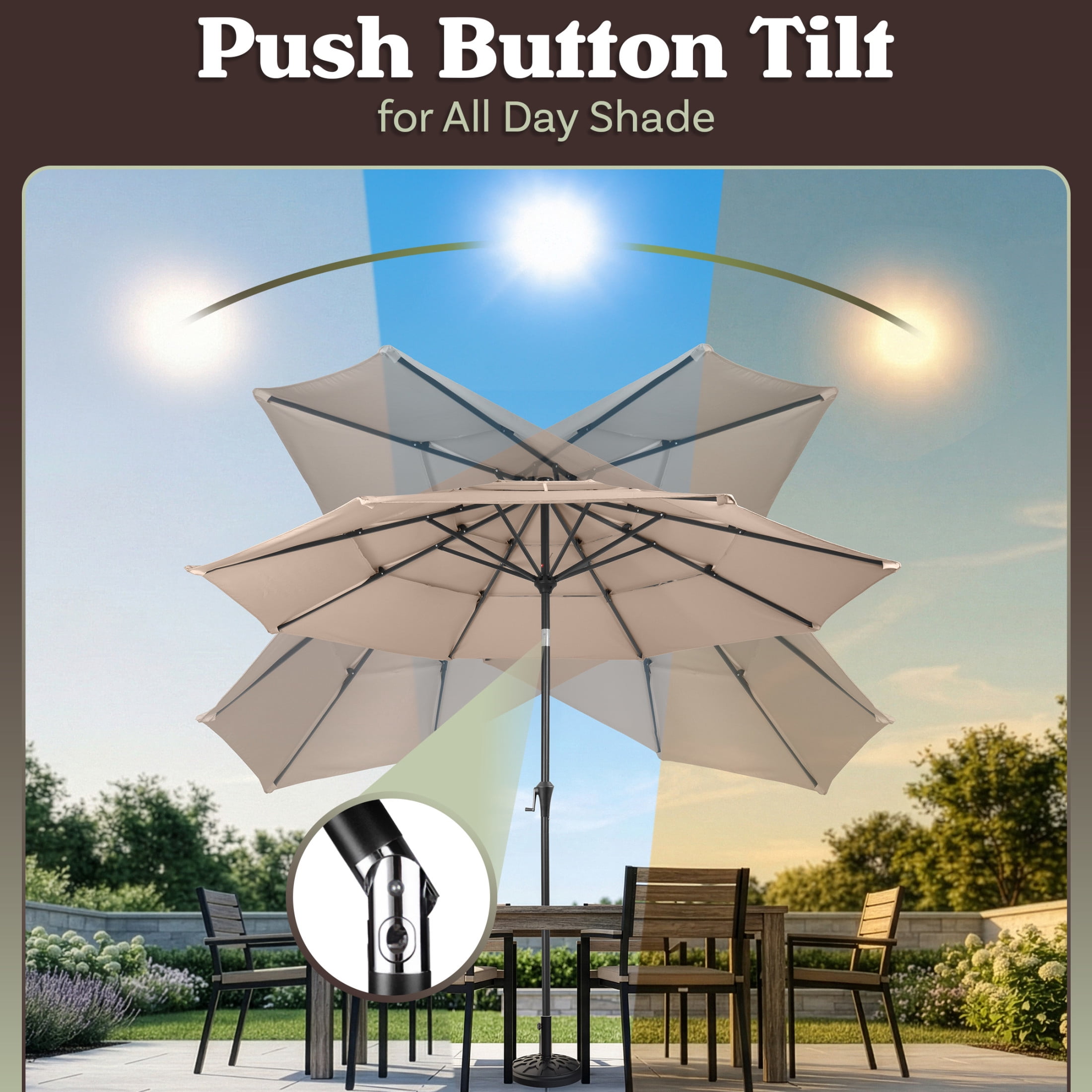 Pure Garden 10ft 3-Tier Umbrella for Patio Shade Canopy with 19lb Base, Khaki