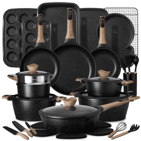 Carote 40-Piece Nonstick Cookware Set, Pots and Pans Set with Detachable Handle, Induction Compatible, Oven & Dishwasher Safe, Black Granite