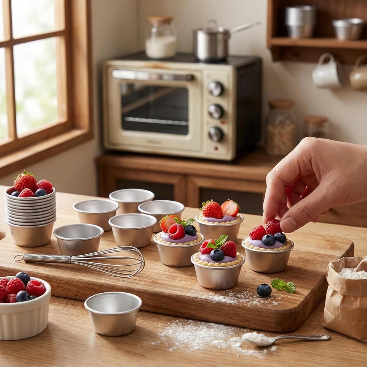 10 PACK Individual Flan Molds Egg Tart Molds Pudding Cups Mini Chocolate Molten Pans Carbon Steel Cupcake Cake Cookie, Round Nonstick Popover Bakeware Tumblers 2.6 x 2 x 1.3 inch