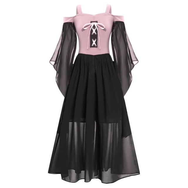 YUUMIN Robe Médiévale Vintage Gothique pour Enfants, Robe de Princesse Renaissance pour Filles, Robe de Fête de Festival, Maxi Orange Rose A 12