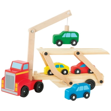 Bundaloo Magnetic Car Loader Truck with Lift - Wooden Carrier Vehicle Toy for Kids 3 and Up - Magnetic Crane and Cars, Removable Trailer - Educational Set for Learning Color, Imagination and Sorting