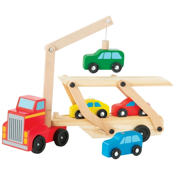 Bundaloo Magnetic Car Loader Truck with Lift - Wooden Carrier Vehicle Toy for Kids 3 and Up - Magnetic Crane and Cars, Removable Trailer - Educational Set for Learning Color, Imagination and Sorting