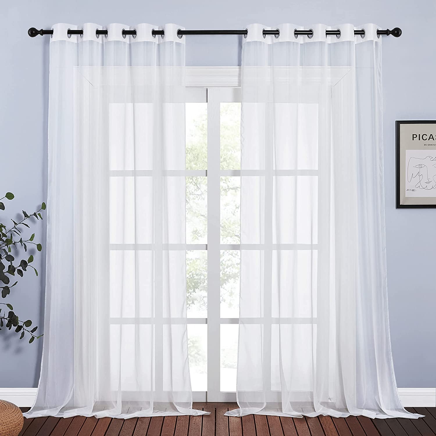 Living Room Sheer Curtains Extra Long 108" L, Eyelet Top Voile Textured Hazy Sheer Panels Window Drapes with Light Penetration for Villa, Ivory, 2 Panels=140" Wide