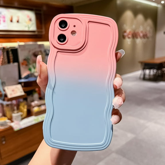 Nalacover Compatible for iPhone 11 6.1" Case, Gradient Color Curly Wave Frame Shockproof Anti-Scratch Protective Flexible Soft Silicone Rubber TPU Phone Cover for iPhone 11, Pink/Blue