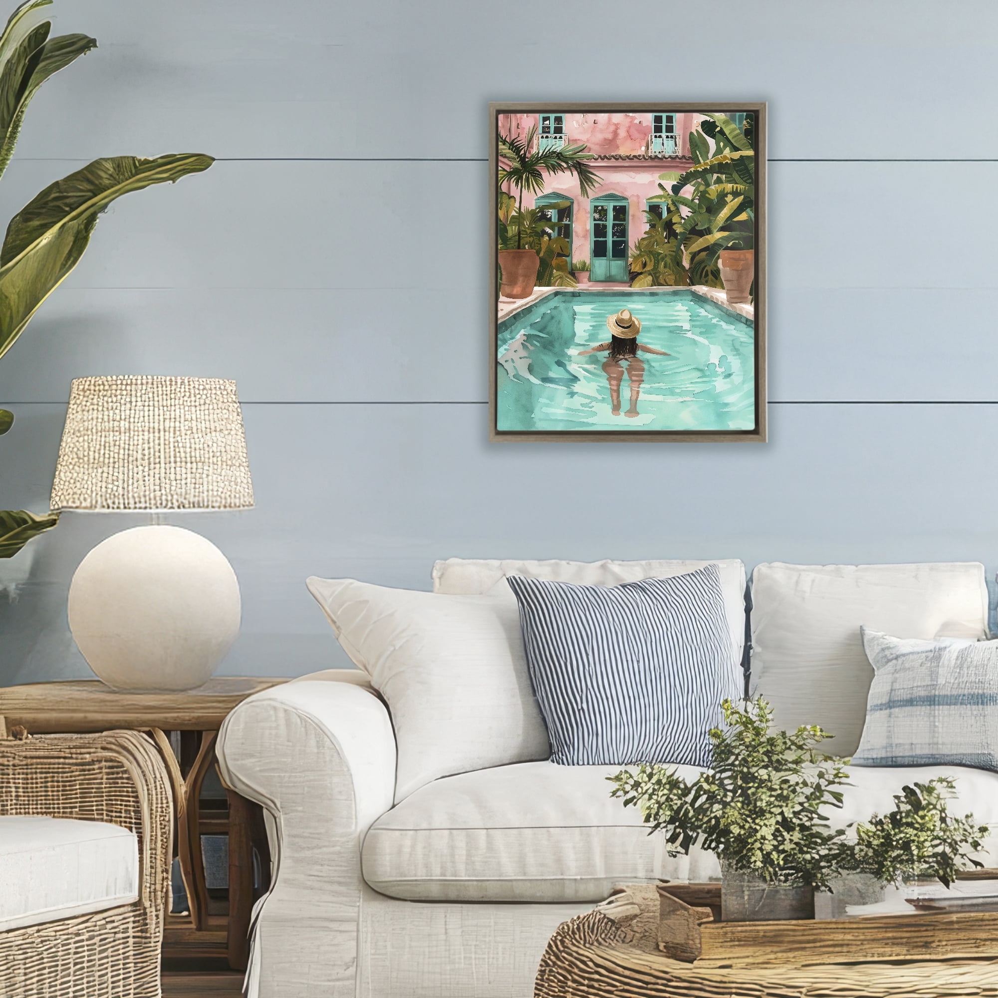 Stupell Industries Girl Swimming In Pool Brown Framed Floater Canvas Wall Art, design by The Prints Vibe