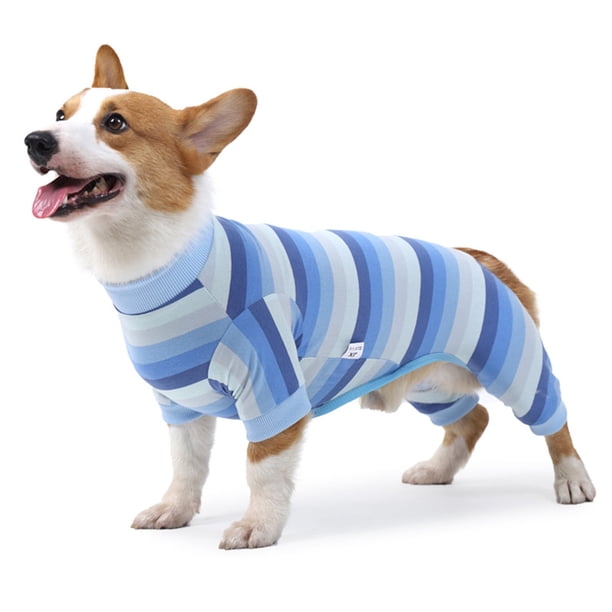 Xiao Hua Pijama para perro de manga larga a rayas, informal, para recuperación de cirugía de mascotas, adecuado para perros pequeños, 1 pieza, azul, talla M