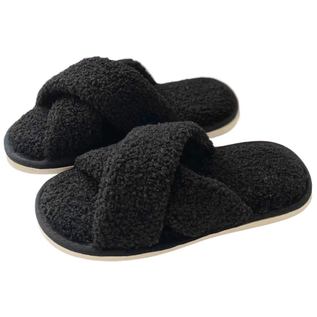 Zapatillas de casa con correa cruzada, pantuflas deslizantes para interiores y exteriores para mujer (negro 44-45)