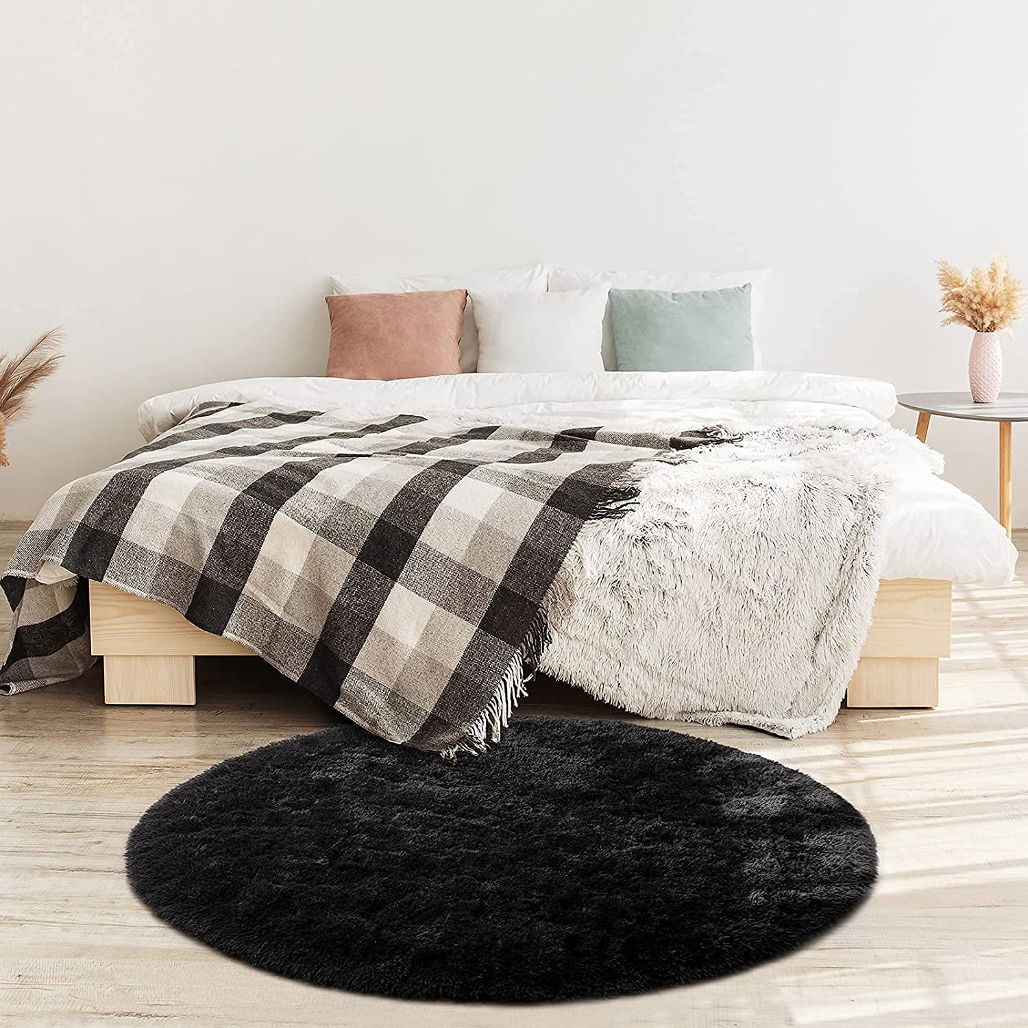 DweIke Round Rug for Bedroom,Soft Shaggy Area Rugs for Living Room Decor,Fluffy Circle Carpets for Nursery,6'x6',Black