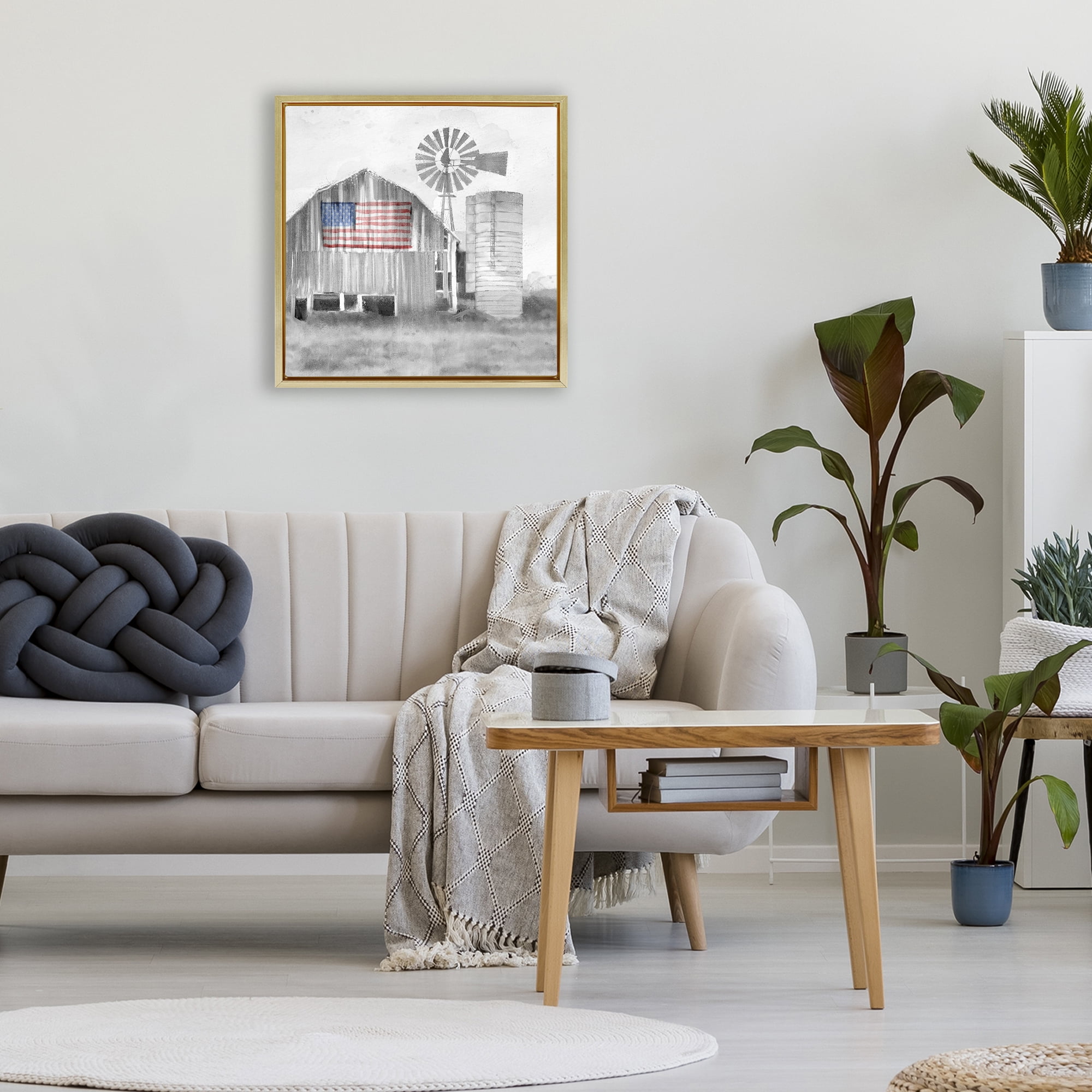 Stupell Industries Grandfather's Barn with Flag Gold Framed Floater Canvas Wall Art, design by Kim Allen