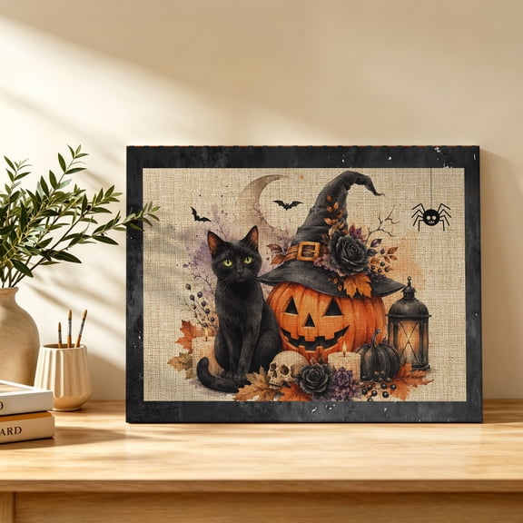 Halloween Canvas Wall Art, Rustic Witch Hat Pumpkin Black Cat Candle Linen Wall Art Prints Artwork Framed Canvas Ready to Hang Art Pictures for Study Living Dining Room Bedroom 20" x 16"