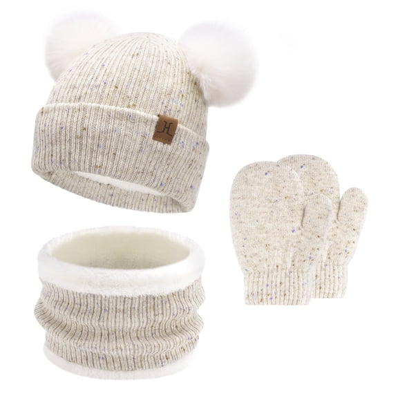 FZ FANTASTIC ZONE Toddler Infants Kids Winter Hats Gloves Scarfs Set Pompom Beanie Caps Mittens Neck Warmer with Fleece for 0 6 12 18 Months 1 2 3 4 Years Old Baby Girls Boys Gifts, Creamwhite