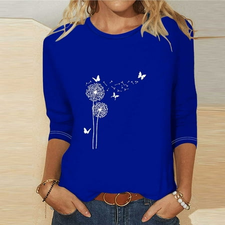 BiZtdJrK Dandelion Printed 3/4 Sleeve Top for Women Cute Crewneck T Shirt Loose Summer Three Quarter Length Tee Shirts Dark Blue M