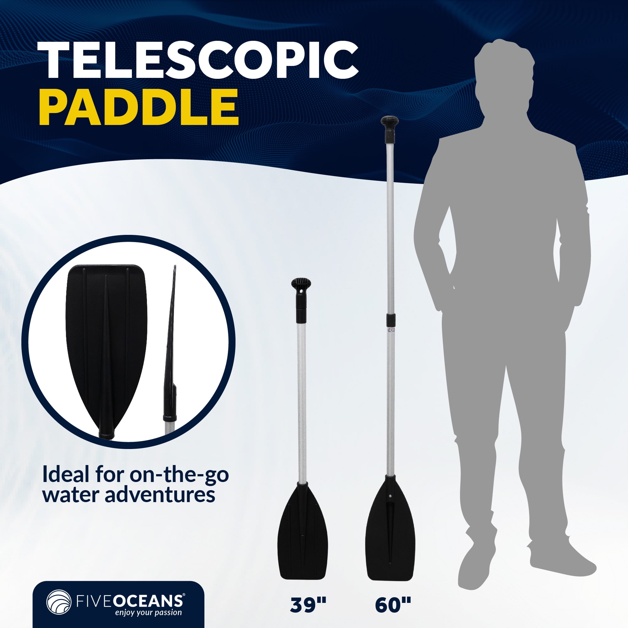 Five Oceans Canoe Paddle - Boat Paddle Collapsible Paddle, Canoe Oars Extends from 39-Inch to 60-Inch - Aluminum Shaft, Round Grip  FO4720