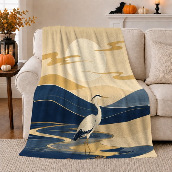 White Crane beneath Gold Sun, Peaceful Asian Style for Bird Lovers, Blue Water Marsh Scene and Housewarming Gift, Soft Flannel Blanket for Bedroom and Sunroom, Home Decor