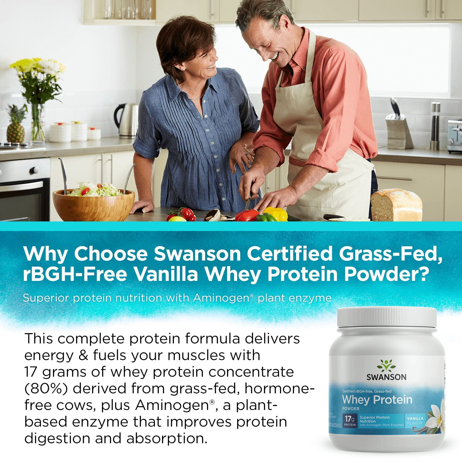 Swanson Grass-Fed Certified rBGH-Free Vanilla Whey Protein Powder, 14.8 oz