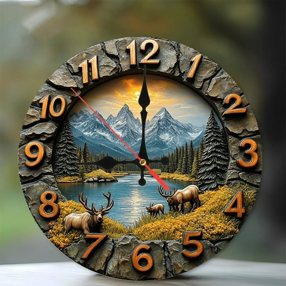 Mountain Elk Sunset Wall Clock 10-Inch Silent Wooden Wall Clock, Battery Operated (AA Batteries Not Included), Artistic Home Decor