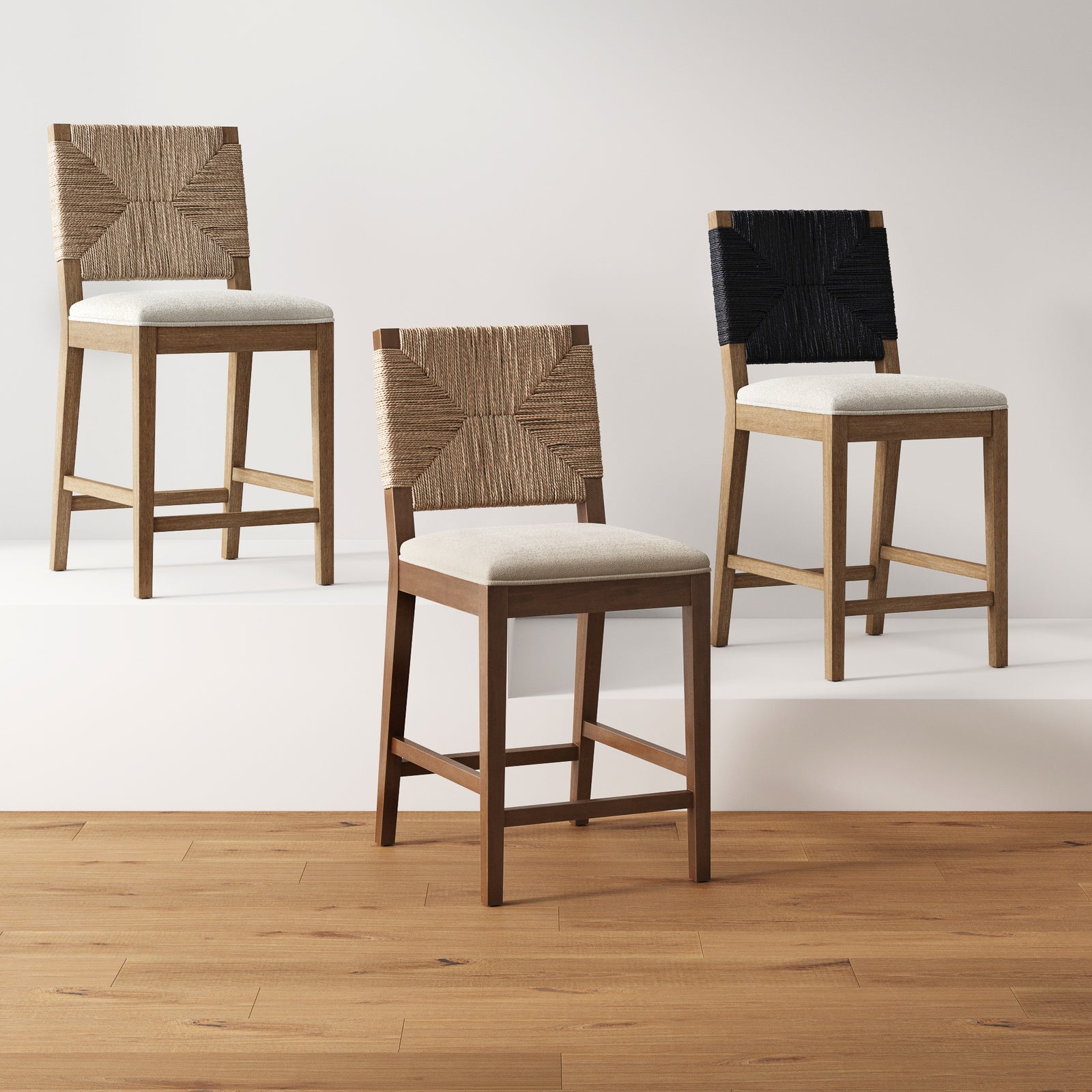 Nathan James Beacon Bohemian Boucle Bar Stool with Back, Bar Height Kitchen Island Chair, Seagrass Bar Stool, Cream Boucle/Brushed Light Brown, Set of 2