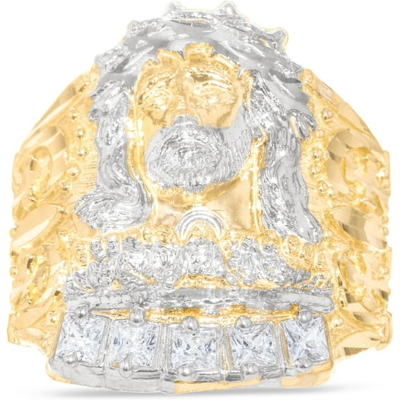 Floreo 10k Yellow Gold 24mm Jesus Face Two-Tone CZ Last Supper Ring, Sizes 5 - 13